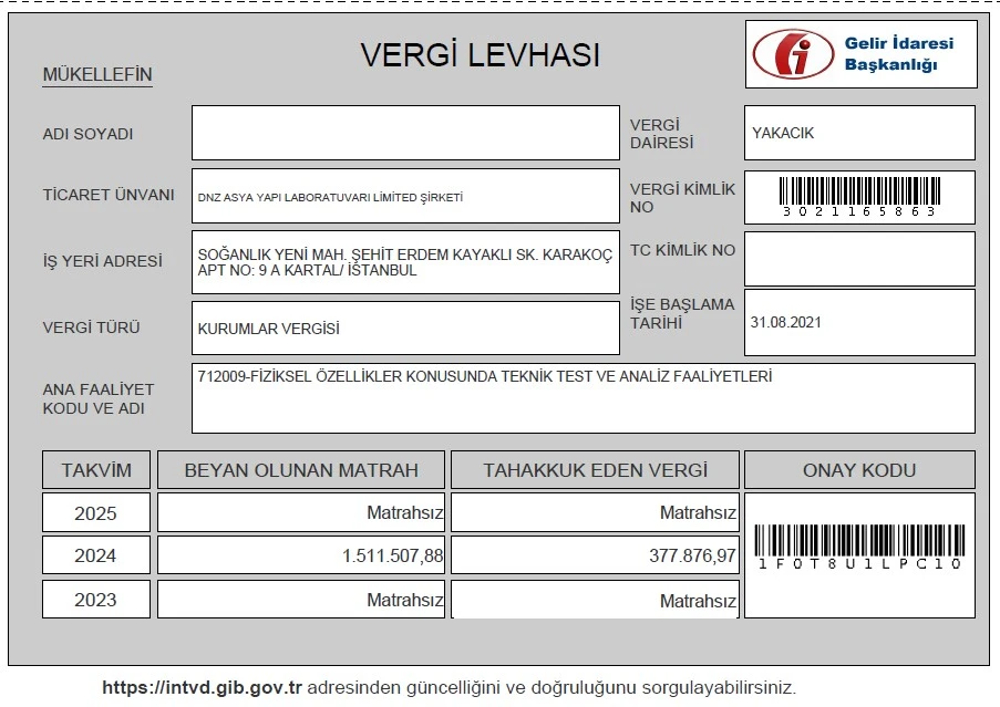DNZ Asya Yapı Laboratuvarı Limited Şirketi vergi levhası
