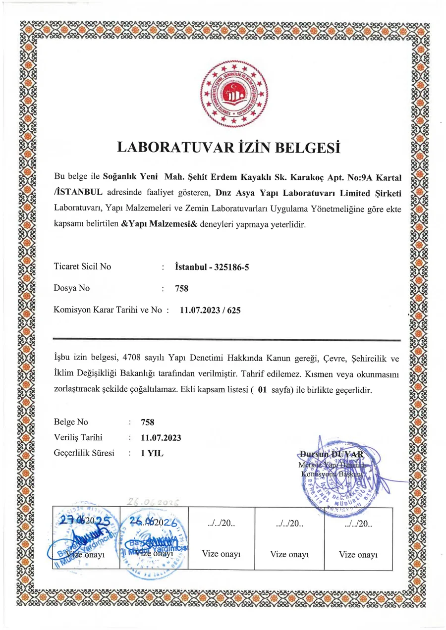 DNZ Asya Yapı Laboratuvarı Limited Şirketi Laboratuvar İzin Belgesi — Belge No 758, veriliş 11.07.2023, Çevre Şehircilik ve İklim Değişikliği Bakanlığı