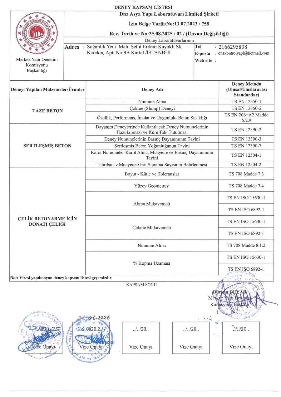 DNZ Asya Yapı Laboratuvarı onaylı Deney Kapsam Listesi — izin belge no 758, revizyon 25.08.2025, Merkez Yapı Denetim Komisyonu Başkanlığı